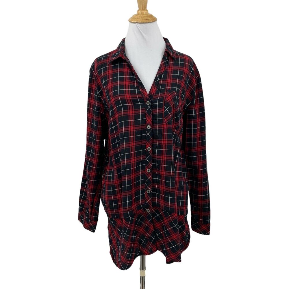 J Jill Shirt Women LP Large Petite Red Black Plaid V Neck Button Up Peplum Tunic
